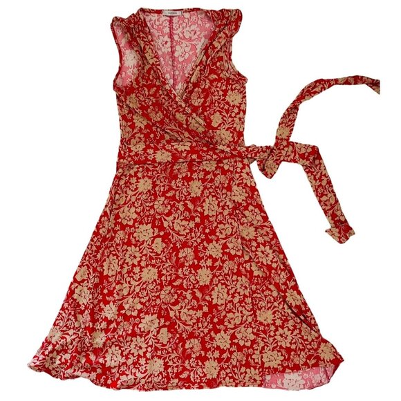 Soprano Red and Beige Floral Wrap Dress Womens Sz S - Picture 8 of 14